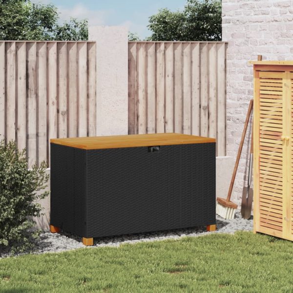Garden Storage Box Black 110x55x63 cm Poly Rattan Acacia Wood - Image 3