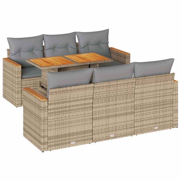 7 Piece Garden Sofa Set with Cushions Beige Poly Rattan Acacia - Image 2