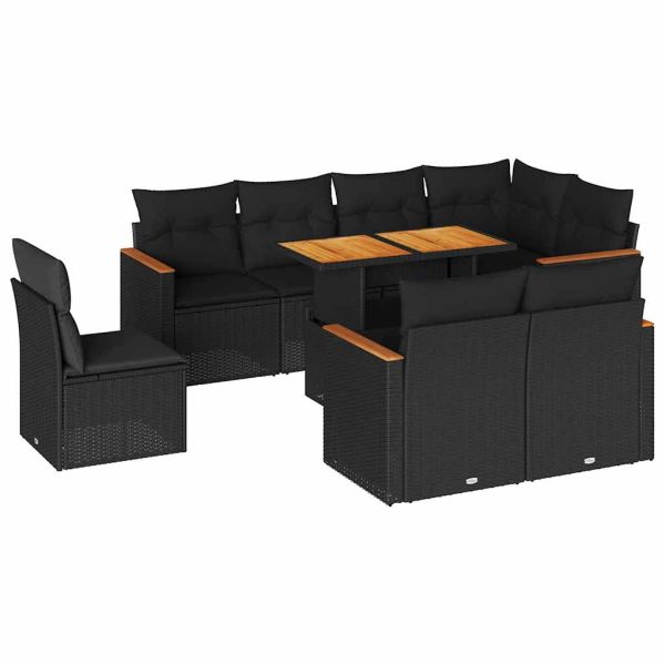 9 Piece Garden Sofa Set with Cushions Black Poly Rattan Acacia - Image 2