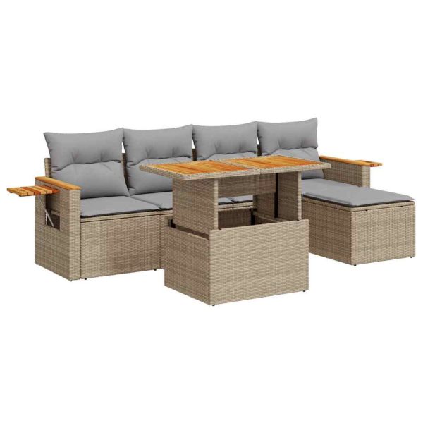 6 Piece Garden Sofa Set with Cushions Beige Poly Rattan Acacia - Image 2