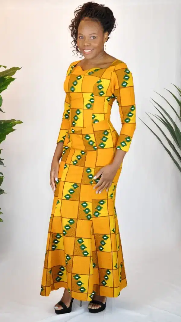 Mustard Yellow Check Ankara Mermaid Silhouette Dress
