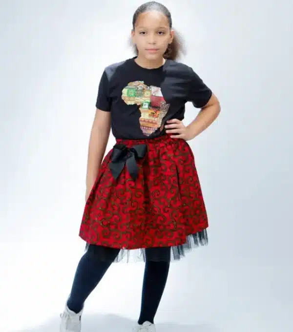 Ravishing Runa Red and Black Ankara Kids Bow & Skirt Set