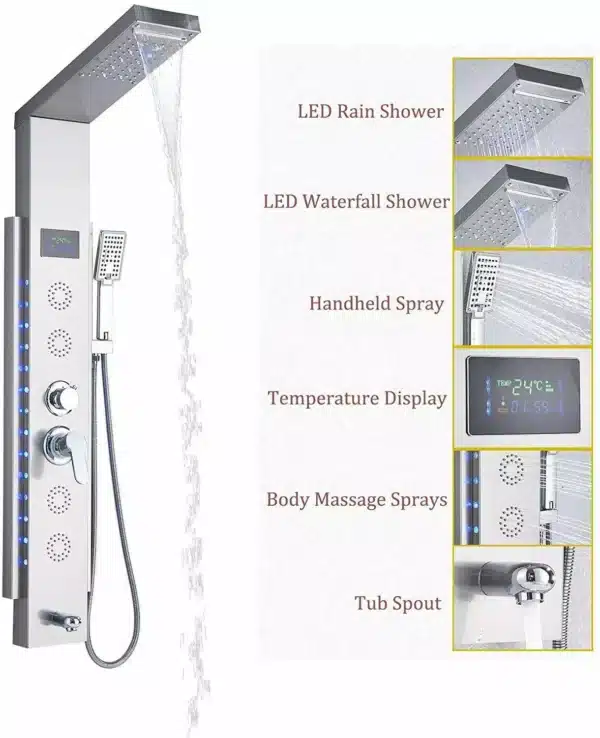 Rain Waterfall LED Shower Panel Black Shower Column Tower Digital Screen TEMP Mixer Tap Spray Bidet Shower Mixer Faucet - Image 4