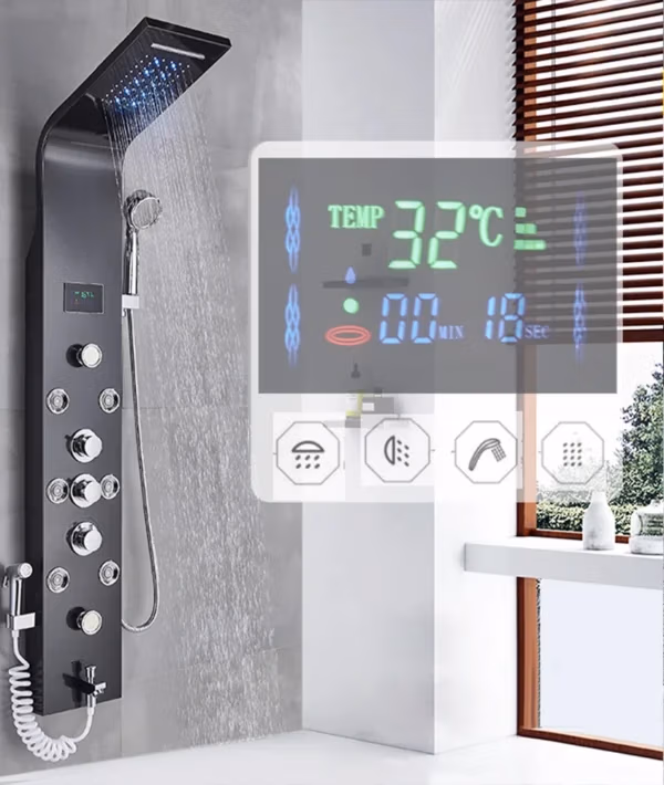 Black Bathroom Shower Panel SPA Massage Jet Shower Column LED Display Stainless Steel Shower System