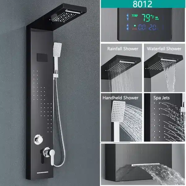 Bathroom LED Light Rain Waterfall Shower Panel Faucet Body Massage Jets Shower Faucet Stainless Steel Tub Spout Shower Column